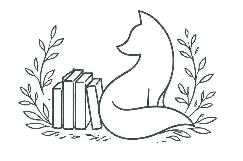 Foxwood Reading Room — a fox sitting beside stacked books with botanical decorations